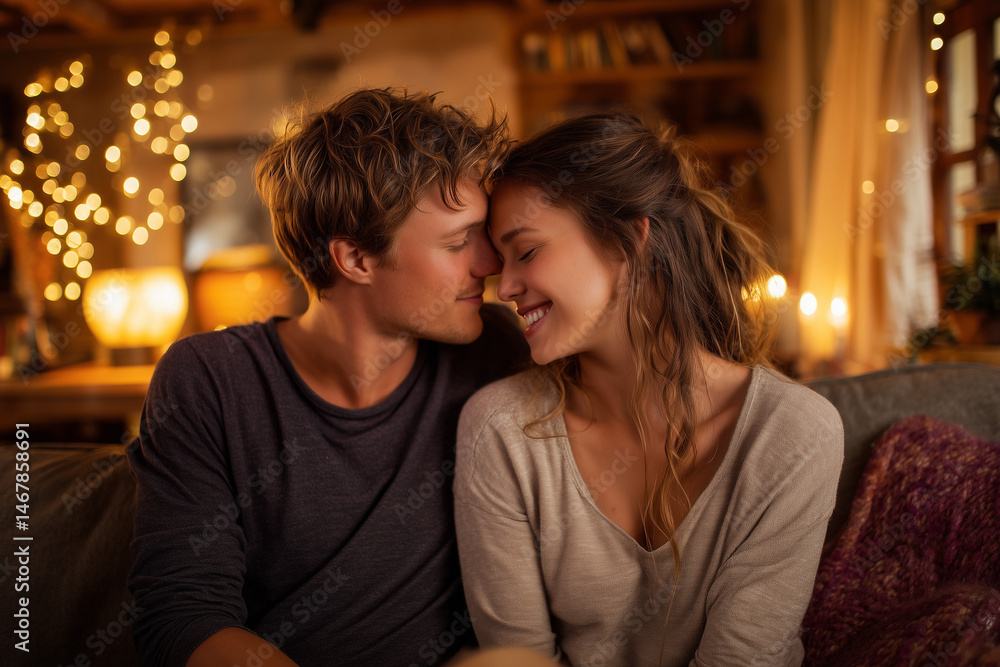 A young couple sharing a tender moment in a cozy living room, surrounded by warm lighting.
A young couple sharing a tender moment in a cozy living room, surrounded by warm lighting.