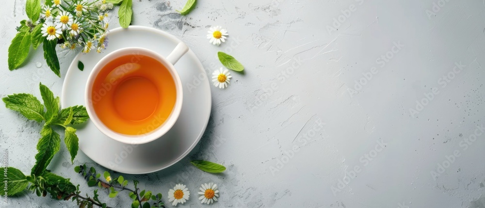 Cups of herbal tea with fresh flowers and green leaves on a white background. Flat lay composition with copy space for beverage and wellness design. Top view of hot tea decorated with herb. AIG55. Cups of herbal tea with fresh flowers and green leaves on a white background. Flat lay composition with copy space for beverage and wellness design. Top view of hot tea decorated with herb. AIG55.