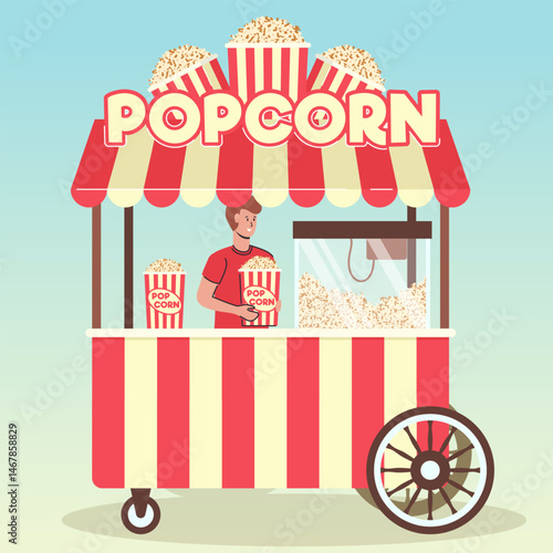 Cartoon Color Character Boy and Popcorn Street Food Cart with Wheels Concept Flat Design Style. Vector illustration of Market Stall
