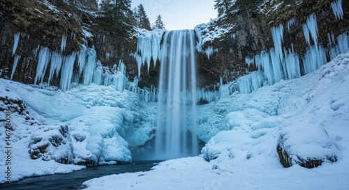 Waterfall surrounded by snow and icicles in a winter landscape setting.
