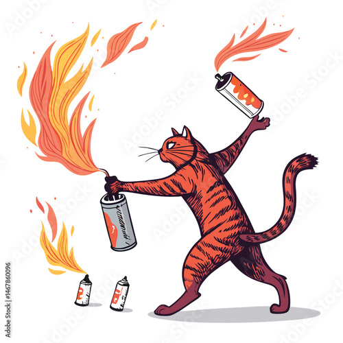 A talented tuxedo cat, in a subway station, expertly juggles three flaming spray paint cans, captivating onlookers.