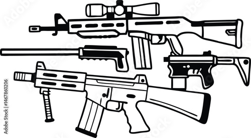 vector illustration of a gun. Defense Industry Line Icons Editable Stroke. Silhouette assault rifle isolated on transparent PNG, ideal for military-Collection of machine guns silhouette set 
