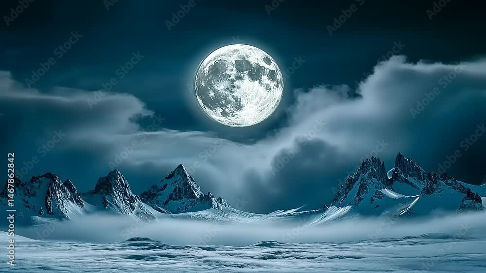 Snowy mountains under full moon and cloudy night sky Snowy mountains under full moon and cloudy night sky