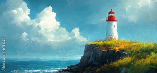 Serene Coastal Lighthouse: A Digital Painting of Tranquility