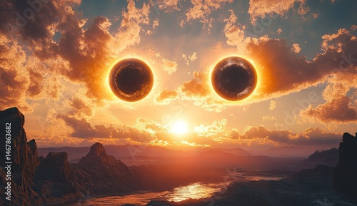 Two suns eclipse a landscape.  A double solar eclipse, or perhaps two alien eyes, dominate the sky above a dramatic mountain range and valley. 