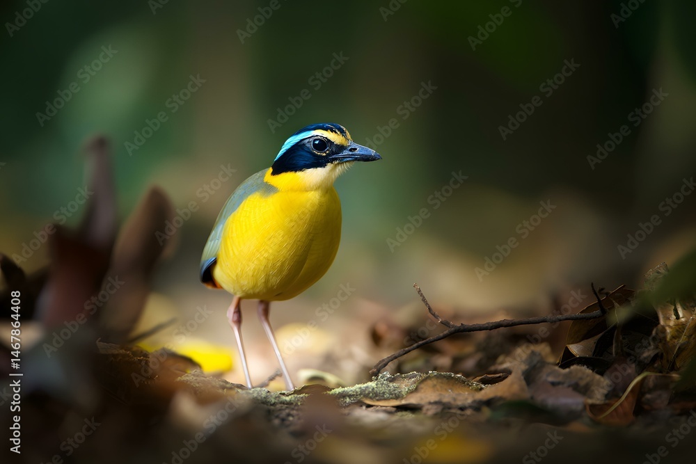 Fototapeta premium Gurney’s Pitta in Jungle Light Foraging on the Forest Floor