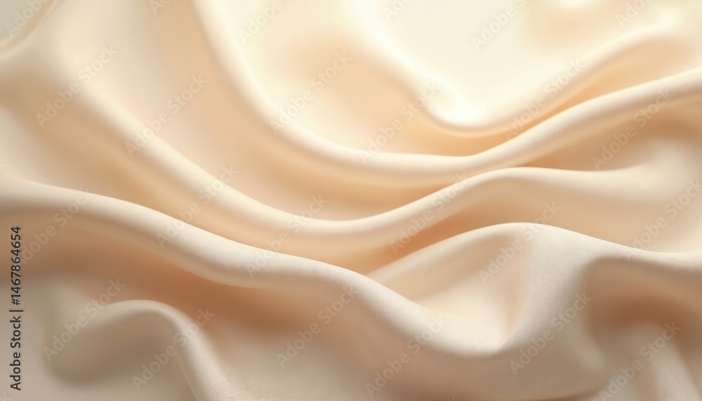 Obraz premium Close-up of elegant light beige fabric, smooth flowing folds. Vanilla toned cloth texture, soft, luxurious, delicate, perfect for fashion, design projects. Backdrop, textile material for clothing,