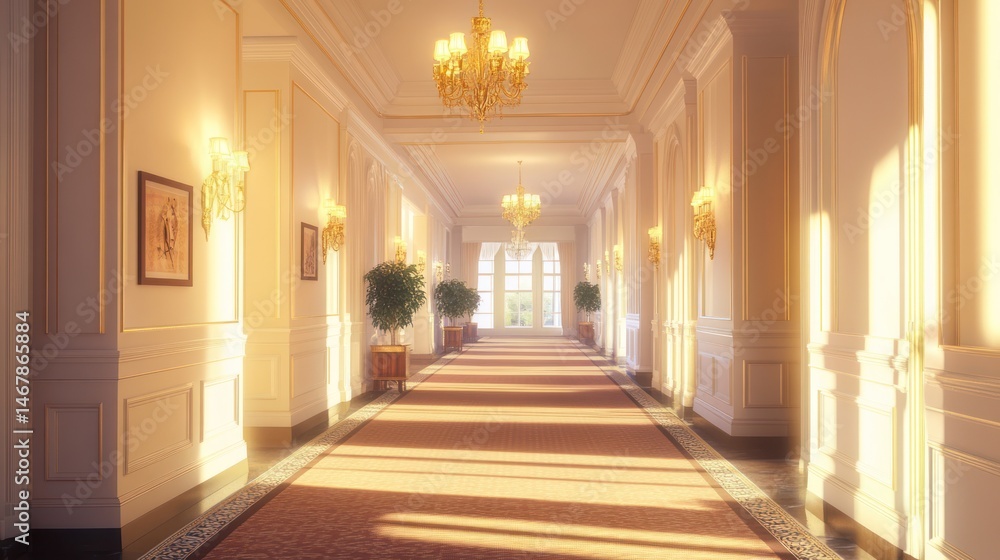 Obraz premium Luxurious hall, sunlight, elegant, interior, classic design, empty space, potential use stock photo