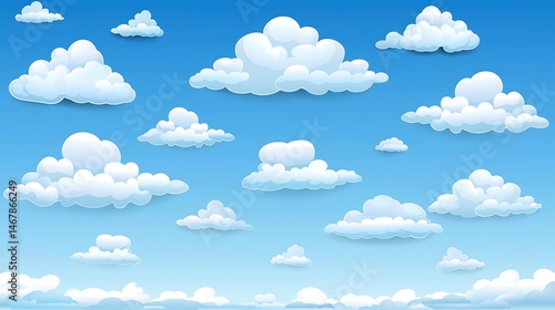 Whimsical cartoon clouds floating in a gradient blue sky background