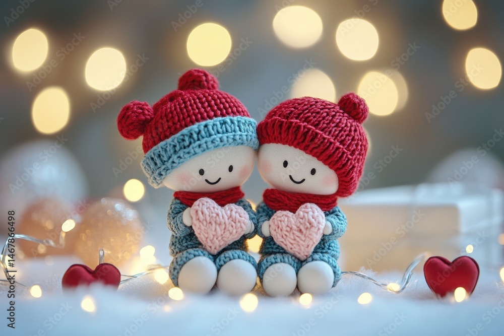 Two adorable handmade dolls in winter attire hold heart shapes, glowing with warm holiday lights in the background, evoking love and joy during the festive season. Two adorable handmade dolls in winter attire hold heart shapes, glowing with warm holiday lights in the background, evoking love and joy during the festive season.
