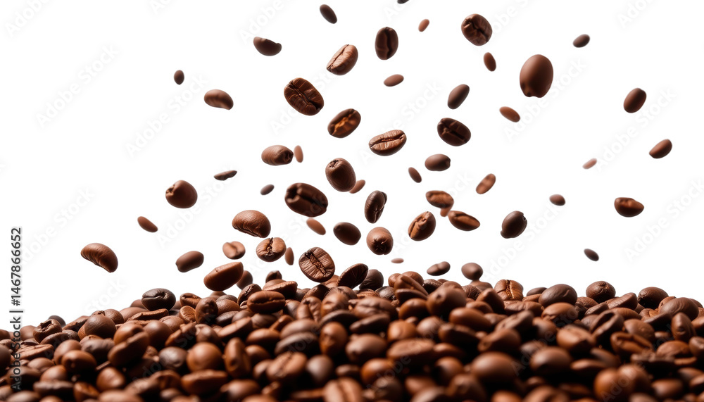 Obraz premium Roasted coffee beans soaring through the air in a bright studio environment captured in close-up view
