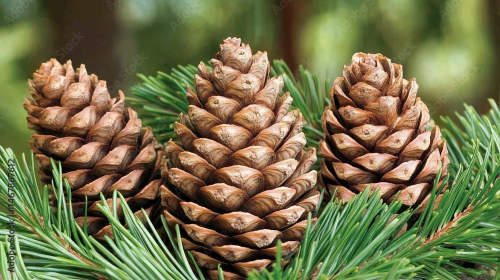 Three pine cones nestled among vibrant green pine needles create a stunning display of nature's beauty, showcasing intricate patterns and textures in a tranquil forest setting. Three pine cones nestled among vibrant green pine needles create a stunning display of nature's beauty, showcasing intricate patterns and textures in a tranquil forest setting.