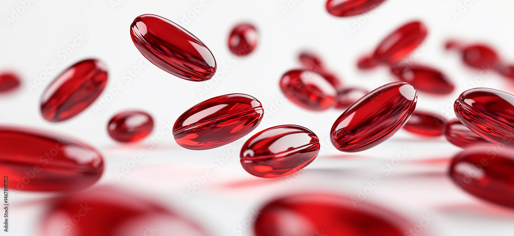 Red soft gels falling through the air, against a white background Red soft gels falling through the air, against a white background