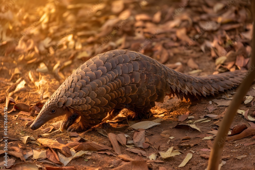 Obraz premium Indian Pangolin Crawling Across Dry Forest Floor in Warm Sunlight