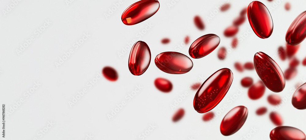 Red soft gels falling through the air, against a white background Red soft gels falling through the air, against a white background