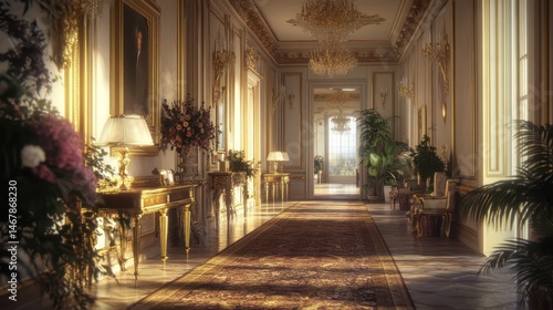 Wallpaper Mural Luxurious Golden Hallway, Sunlight, Elegant Interior, Royal Atmosphere, Suitable for Luxury Product Ad Torontodigital.ca