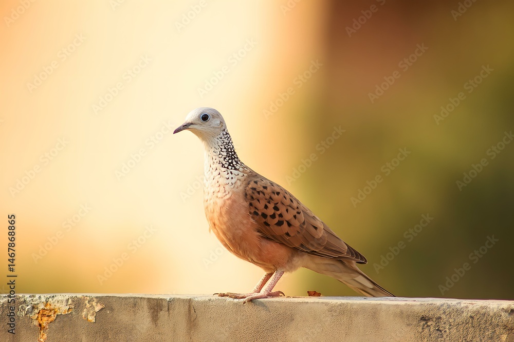 Obraz premium Spotted Dove Standing on Cement Wall in Warm Urban Light
