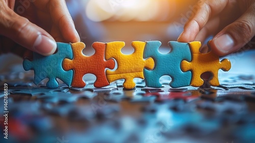 The picture of people together solving problem supporting team with fresh idea. Complex puzzle hard to be solved by human. Group of person find solution and strategy for mysterious jigsaw game. AIG53.