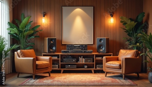 Cozy retro living room interior. Leather armchairs, wooden wall panels, vintage stereo equipment, speakers. Plants, rug, decor create home atmosphere. Warm lighting, home comfort.