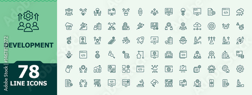 Development simple icon set. Contains such symbols as process, challenge, strategy, innovation, business and more. Minimal icons pack. Editable stroke. Vector collection. Innovation simple icon set.