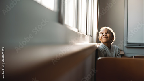 A dreamy, low-income child looks out the window of his school classroom