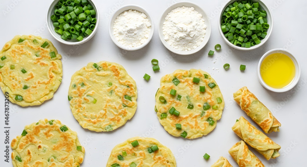 Overhead shot of scallion pancakes with ingredients on a white surface in natural light Overhead shot of scallion pancakes with ingredients on a white surface in natural light
