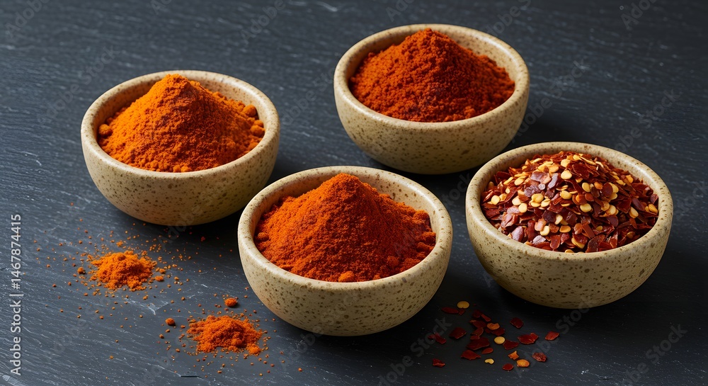 Four bowls containing assorted red and orange spices on a dark gray background surface Four bowls containing assorted red and orange spices on a dark gray background surface