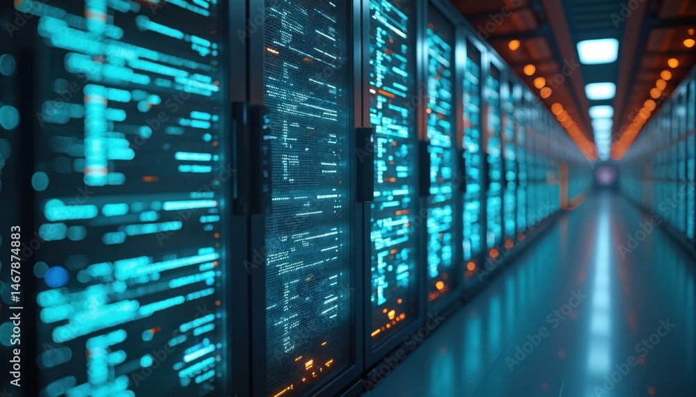 Abstract representation data center. Glowing blue streams of data flowing across wall servers. Concept of speed innovation, digital transformation, big data processing. Abstract representation data center. Glowing blue streams of data flowing across wall servers. Concept of speed innovation, digital transformation, big data processing.