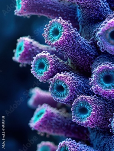 Intricate, deep-purple and blue structures. AI.