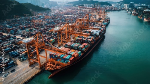 Aerial view of a cargo ship docked at a busy port.