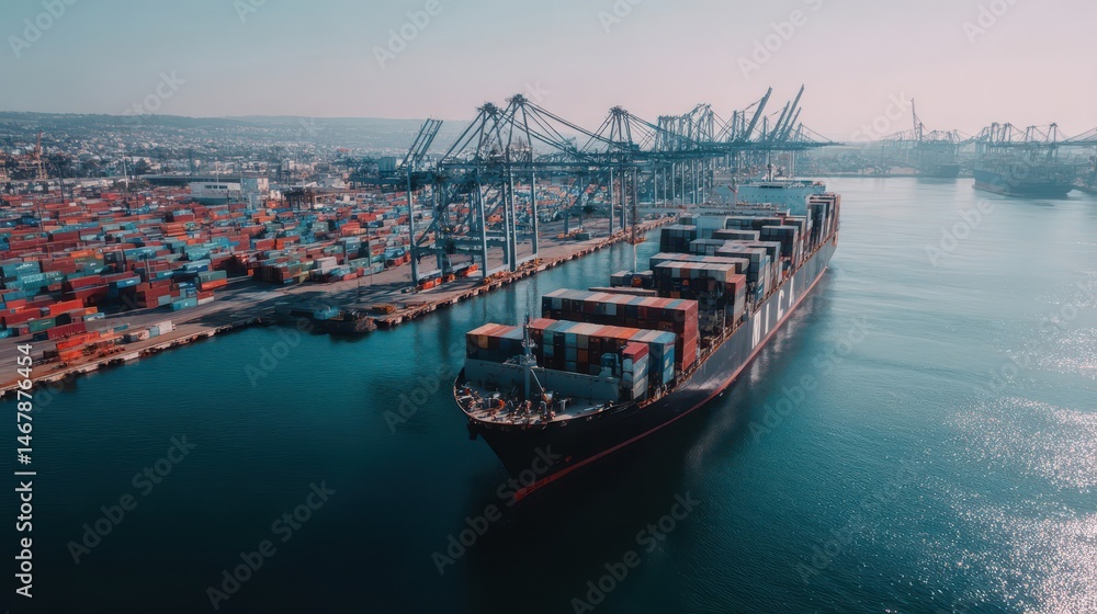 Obraz premium Large cargo ship moored at a port, seen from above.