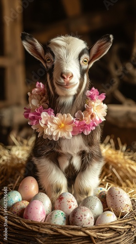 Cute goat with floral crown, Easter eggs. AI.