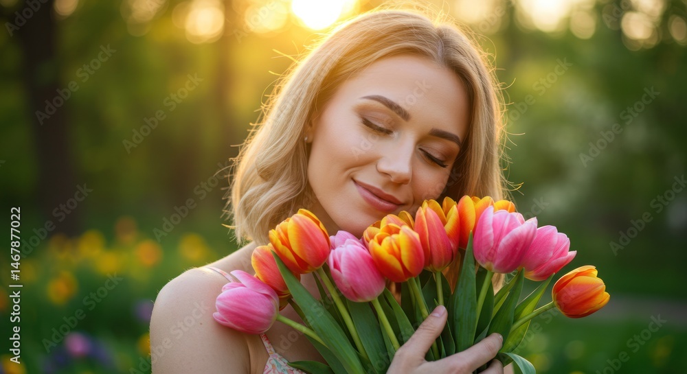 Woman holding tulips outdoors with soft lighting and green background. Woman holding tulips outdoors with soft lighting and green background.