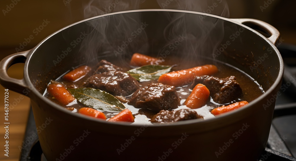 A close up shot of a pot of beef stew with carrots and bay leaves steaming on a stovetop A close up shot of a pot of beef stew with carrots and bay leaves steaming on a stovetop