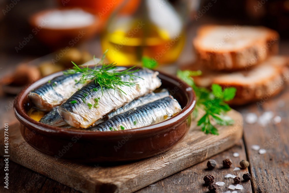 Deliciously cooked sardines rest in a rustic bowl garnished with fresh herbs. Nearby, slices of bread and a bottle of oil accompany the dish, evoking a cozy dining setting Deliciously cooked sardines rest in a rustic bowl garnished with fresh herbs. Nearby, slices of bread and a bottle of oil accompany the dish, evoking a cozy dining setting
