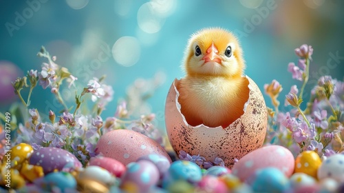 Cute chick in a pastel egg. AI.