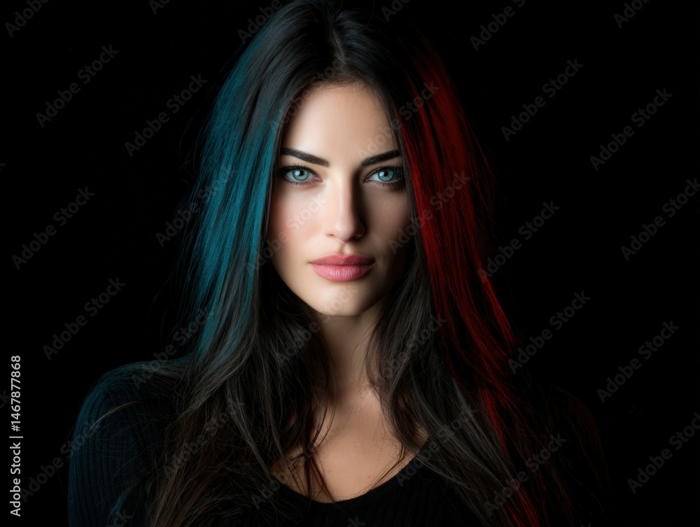 Fototapeta premium Striking portrait of a woman with blue and red lighting in a dark setting