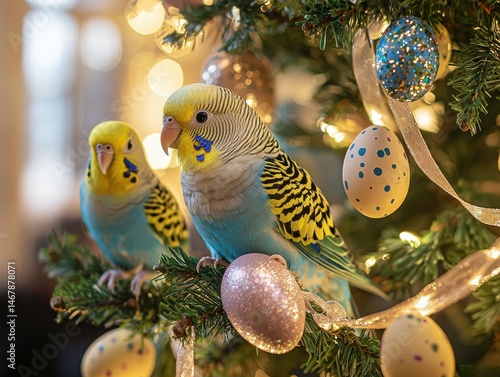 Four colorful parakeets perched on a branch. AI.