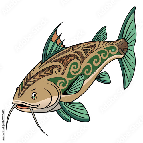 Create a cartoon catfish illustration featuring intricate tribal tattoos across its body and a dramatically spiked dorsal fin.  The style should be vibrant and playful.