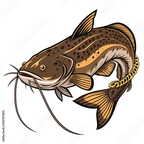 A catfish wearing a gold grill and a thick, ornate street chain necklace, posed against a stark, neutral background.