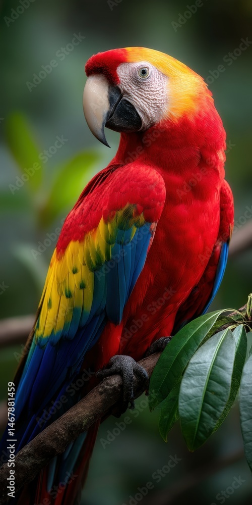Obraz premium Vibrant scarlet macaw perched on a branch surrounded by lush greenery