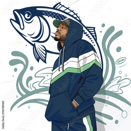 A stylish urban fisherman, wearing a hoodie, proudly displays a large bass he's caught, featuring a cool bass fish graphic on his apparel.