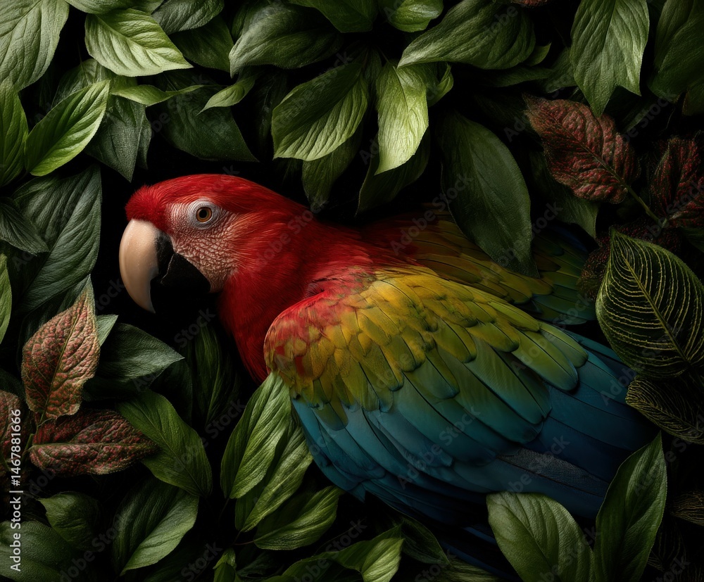 Fototapeta premium Vibrant parrot resting amidst lush green leaves in a quiet setting