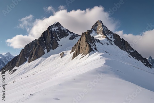 A lone mountain dominates the alpine scene  Its snow covered face contrasts with the bright, cloudless expanse above ,  summit,  snow