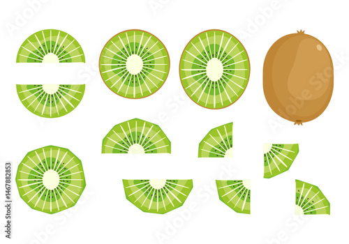 Vector illustration of a vegetable and fruit food set. Fresh kiwi, sliced, delicious—isolated elements on a blue background for an inspirational poster, motivational slogan on organic, vegetarian.
