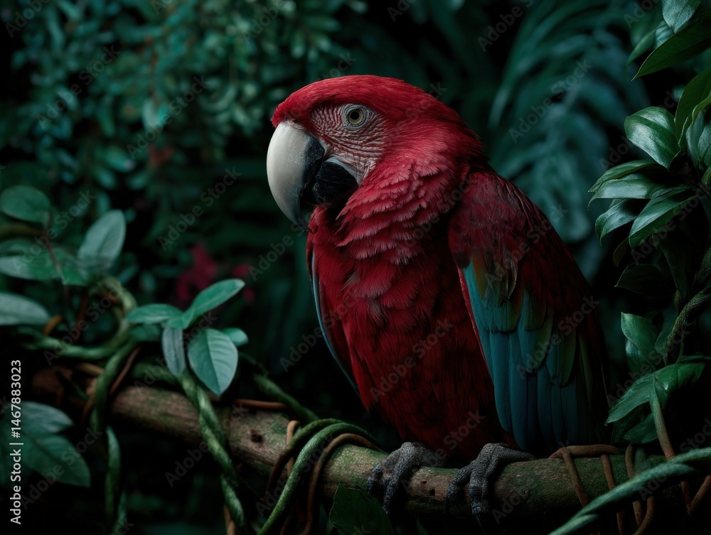 Obraz premium Vibrant red parrot perched on a branch surrounded by lush greenery
