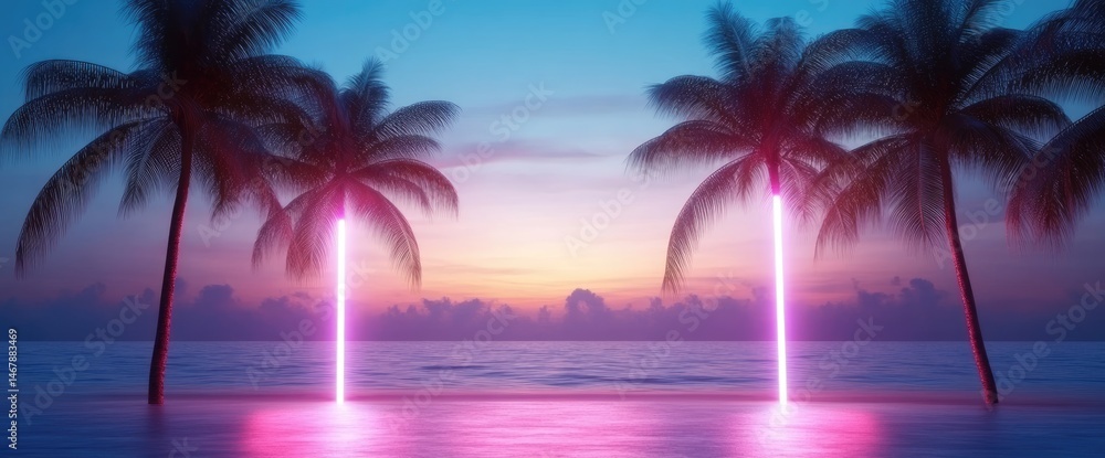 Fototapeta premium Tropical beach with palm trees and neon lights at sunset