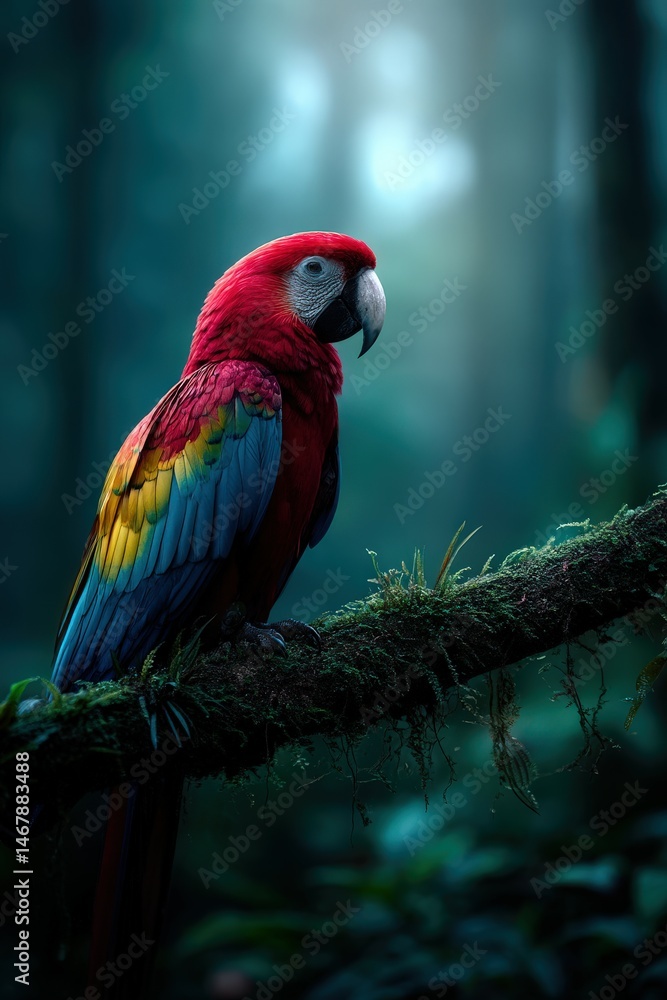 Obraz premium Colorful parrot perched on a mossy branch in a dense forest at dawn
