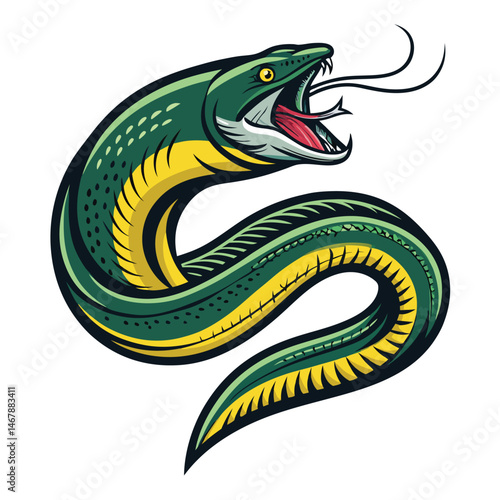 Design an esports logo an angry eel coiled aggressively around glowing bait, letter 'G' incorporated.  Style should be sharp, aggressive, and memorable.