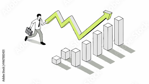 Businessman boosting growth chart achieving success overcoming challenges isometric illustration